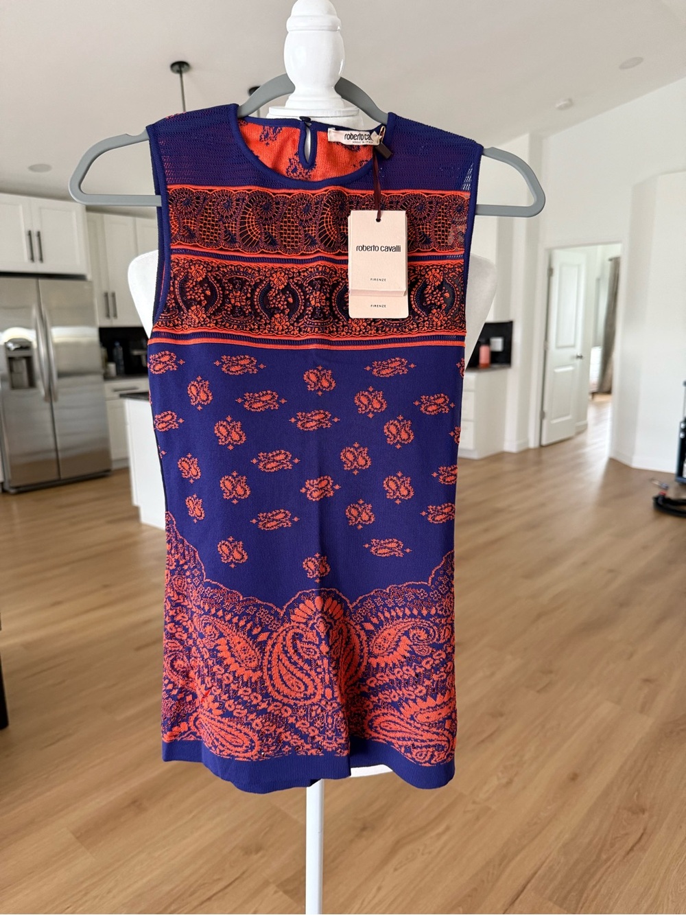 Roberto Cavalli Navy Blue and Red Paisley Sleeveless Dress